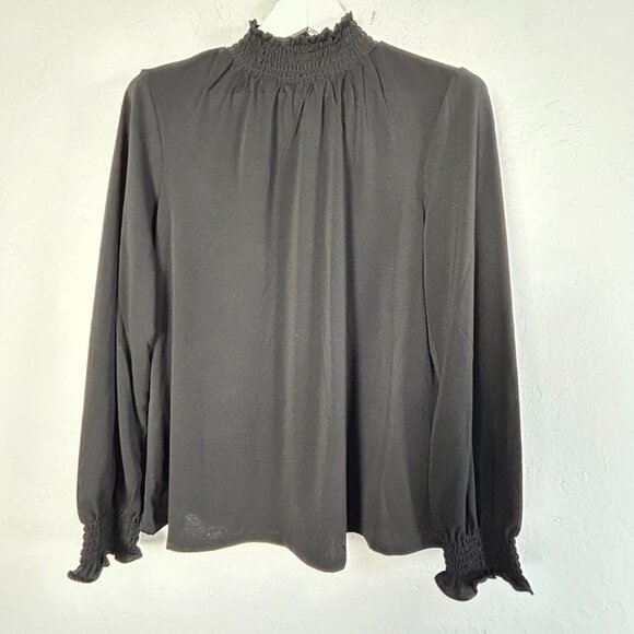 Adrianna Papell Womens Black Long Sleeve Smocked Mock Neck Blouse Large Stretch - Picture 1 of 9